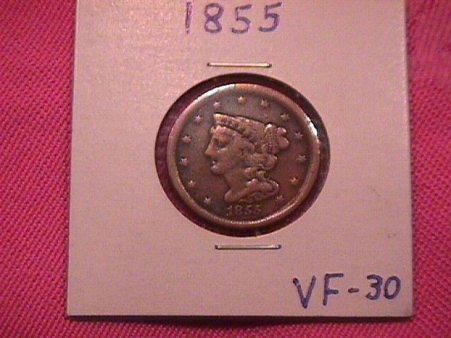 HALF CENT COPPER COIN BRAIDED HAIR-1855 VERY FINE-30 Condition