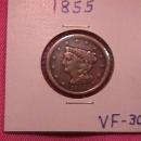 HALF CENT COPPER COIN BRAIDED HAIR-1855 VERY FINE-30 Condition