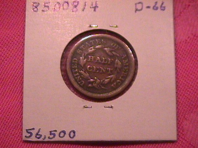 HALF CENT COPPER COIN BRAIDED HAIR-1855 VERY FINE-30 Condition