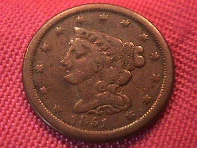 HALF CENT COPPER COIN BRAIDED HAIR-1851 VERY FINE-20 Condition