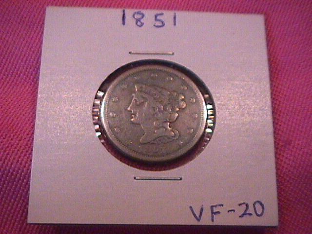 HALF CENT COPPER COIN BRAIDED HAIR-1851 VERY FINE-20 Condition