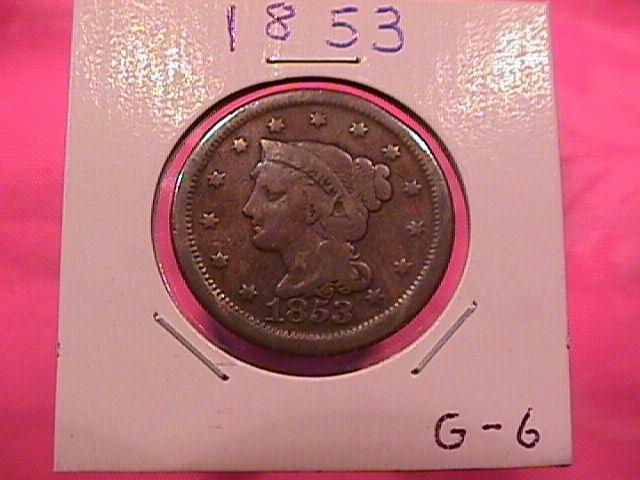 BRAIDED HAIR COPPER LARGE CENT 1853 GRADED GOOD-6
