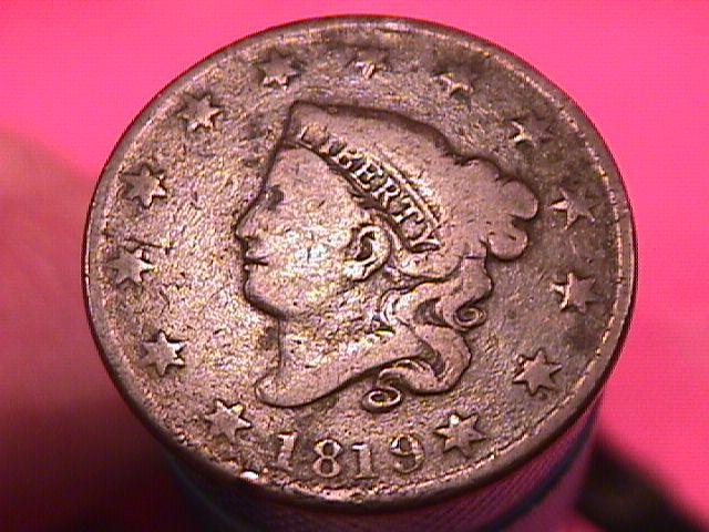CORONET HEAD COPPER LARGE CENT 1819 GRADED VERY GOOD-10