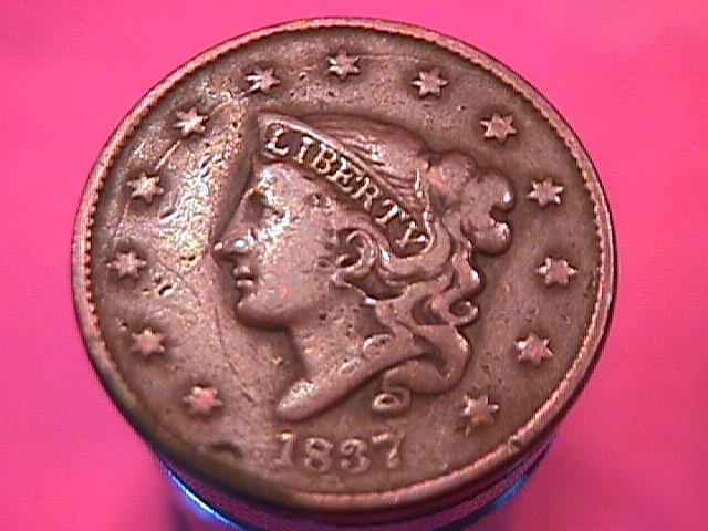 CORONET HEAD COPPER LARGE CENT 1837 GRADED FINE -15