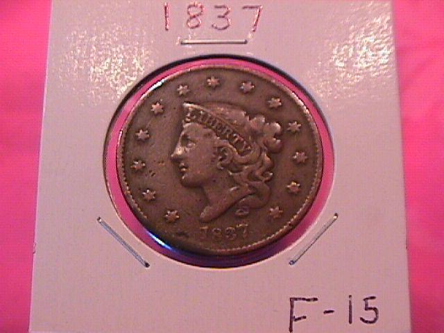 CORONET HEAD COPPER LARGE CENT 1837 GRADED FINE -15