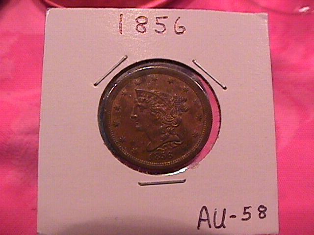 HALF CENT BRAIDED HAIR-1856 ALMOST UNCIRCULATED-58 Condition