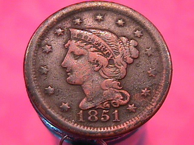 BRAIDED HAIR COPPER LARGE CENT 1851 GRADED VERY FINE-20
