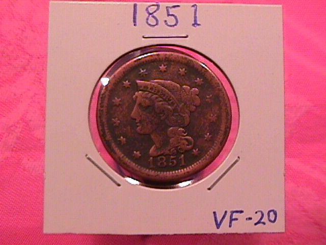 BRAIDED HAIR COPPER LARGE CENT 1851 GRADED VERY FINE-20