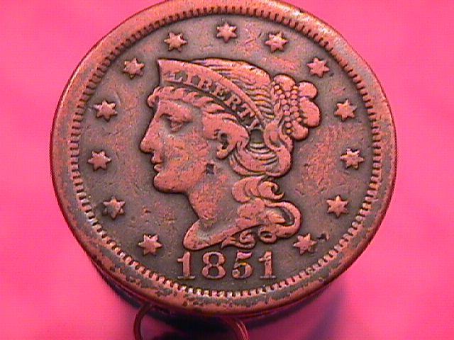 BRAIDED HAIR COPPER LARGE CENT 1851 GRADED VERY FINE-30