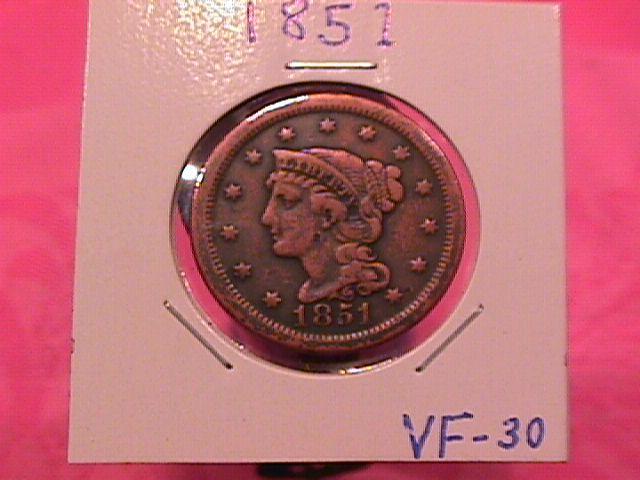 BRAIDED HAIR COPPER LARGE CENT 1851 GRADED VERY FINE-30