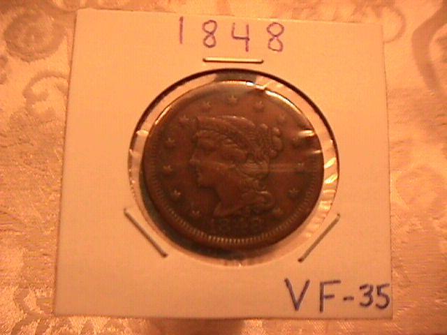 BRAIDED HAIR COPPER LARGE CENT DATED 1848 GRADED VERY FINE-35