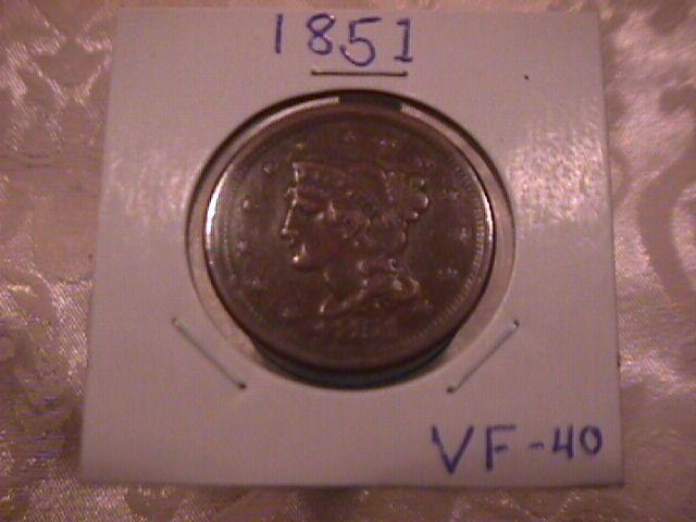 BRAIDED HAIR COPPER LARGE CENT DATED 1851 GRADED VERY FINE-40
