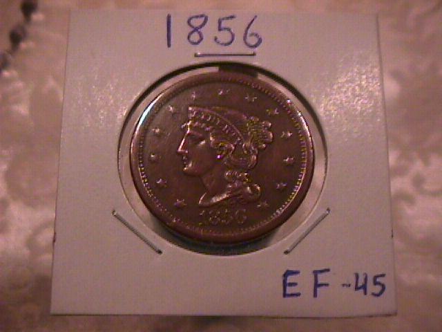 BRAIDED HAIR COPPER LARGE CENT DATED 1856 GRADED EXTREMELY FINE-45
