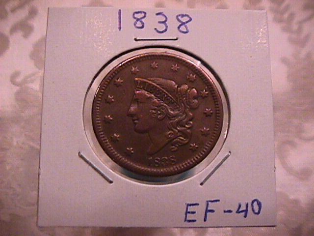 MATRON / YOUNG HEAD LARGE CENT DATED 1838 GRADED EXTREMELY FINE-40