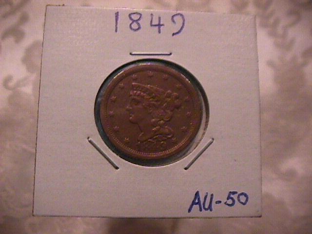 BRAIDED HAIR COPPER LARGE CENT DATED 1849 GRADED ALMOST UNCIRCULATED-50