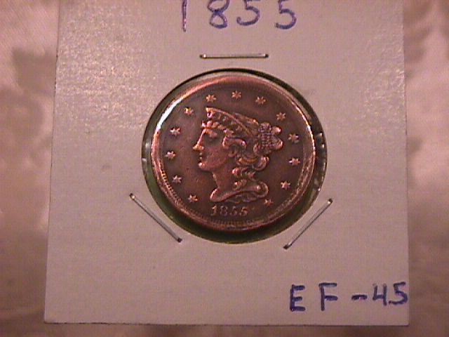 BRAIDED HAIR COPPER HALF CENT DATED-1855 EXTREMELY FINE-45 Condition