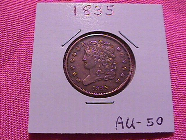 CLASSIC HEAD 1835 HALF CENT GRADED AU-50
