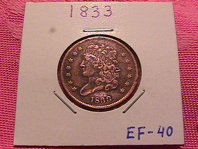 CLASSIC HEAD 1833 EXTREMELY FINE-40 GRADED HALF CENT