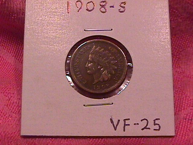 Indian Head Penny Copper Coin 1908-S Very Fine-25 Condition