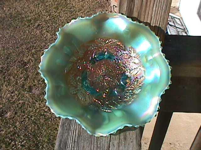 THREE FRUITS MEDALLION 8 RUFFLE FOOTED BOWL AQUA-OPAL