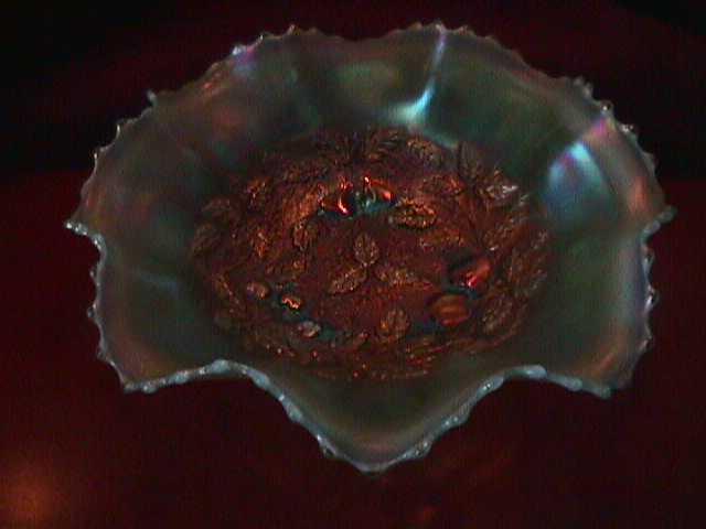 THREE FRUITS MEDALLION 8 RUFFLE FOOTED BOWL AQUA-OPAL