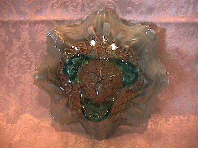 THREE FRUITS MEDALLION 8 RUFFLE FOOTED BOWL AQUA-OPAL