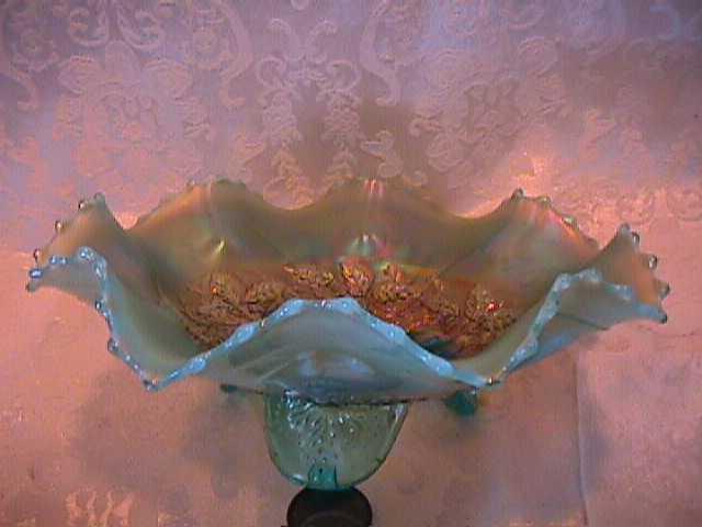 THREE FRUITS MEDALLION 8 RUFFLE FOOTED BOWL AQUA-OPAL