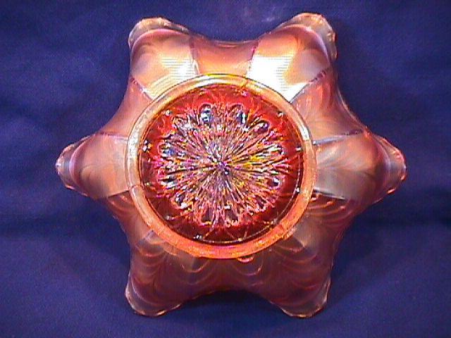 CARNIVAL GLASS MILLERSBURG PEACOCK TAIL SAUCE BOWL MARIGOLD