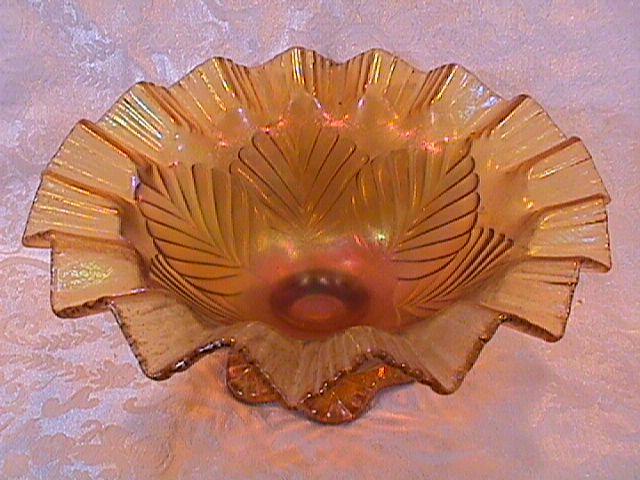 CARNIVAL GLASS PALM LEAF DOME FOOTED BOWL AMBER FENTON