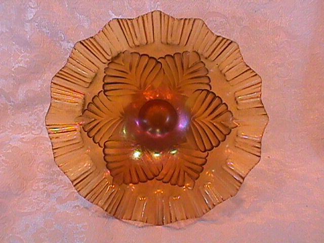 CARNIVAL GLASS PALM LEAF DOME FOOTED BOWL AMBER FENTON