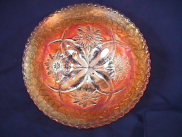 CARNIVAL GLASS FOUR FLOWERS VEGETABLE BOWL ROUND MARIGOLD RARE DUGAN