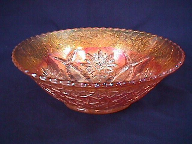 CARNIVAL GLASS FOUR FLOWERS VEGETABLE BOWL ROUND MARIGOLD RARE DUGAN