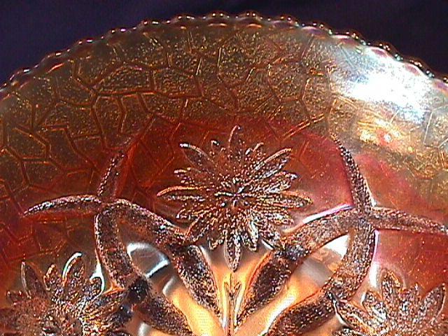 CARNIVAL GLASS FOUR FLOWERS VEGETABLE BOWL ROUND MARIGOLD RARE DUGAN