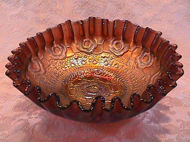 CARNIVAL GLASS CAPTIVE ROSE CANDY RIBBON EDGE BOWL AMETHYST FENTON