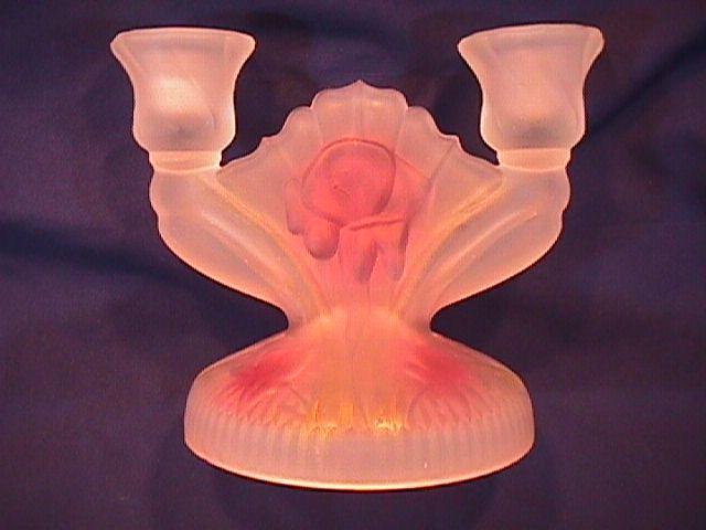 IRIS & HERRINGBONE DEPRESSION ERA CANDLESTICK FROSTED & STAINED