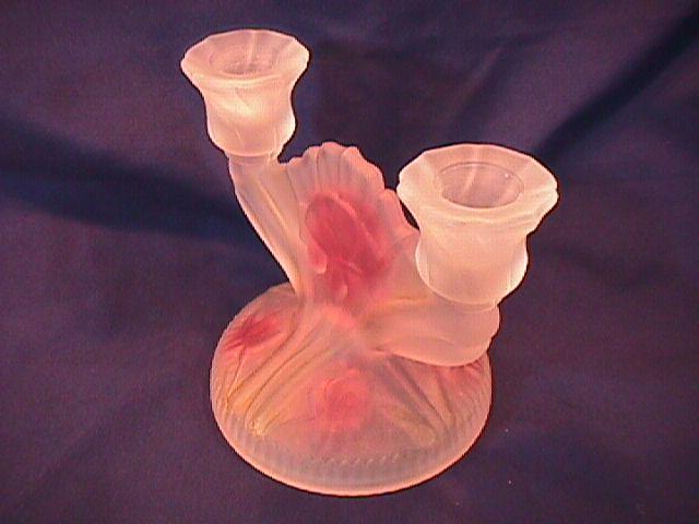 IRIS & HERRINGBONE DEPRESSION ERA CANDLESTICK FROSTED & STAINED