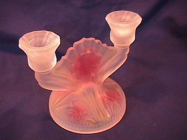 IRIS & HERRINGBONE DEPRESSION ERA CANDLESTICK FROSTED & STAINED