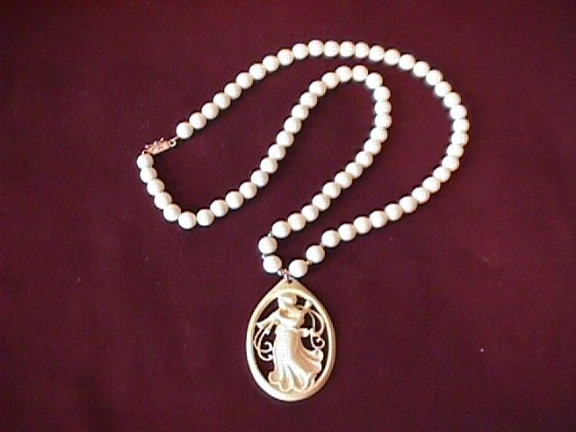Antique Art-Noveau Lady With Pipes= Ivory & 14K Necklace