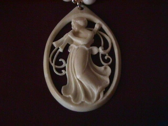 Antique Art-Noveau Lady With Pipes= Ivory & 14K Necklace