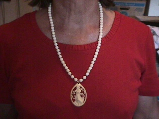 Antique Art-Noveau Lady With Pipes= Ivory & 14K Necklace
