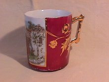 Porcelain Mug- Rose Red with Gold- & Spanish Scene