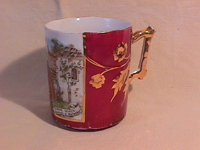 Porcelain Mug- Rose Red with Gold- & Spanish Scene