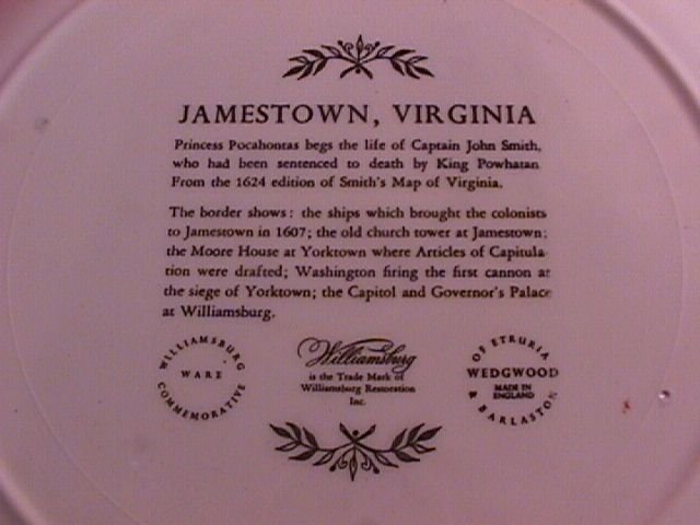 Wedgwood= Williamsburg Commemorative Jamestown, Virginia Display Plate