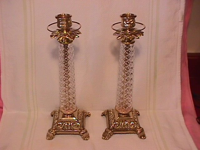 Pair Of Fine Cut Glass and Brass Candlesticks