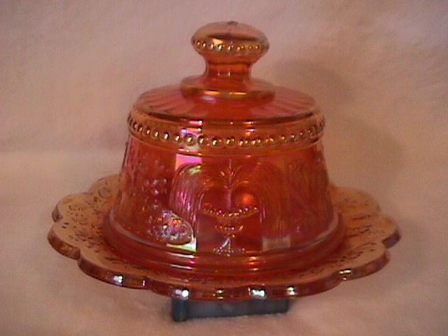 Northwoods= Signed= Carnival (Marigold) Peacock at the Fountain Covered Butter Dish