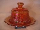 Northwoods= Signed= Carnival (Marigold) Peacock at the Fountain Covered Butter Dish