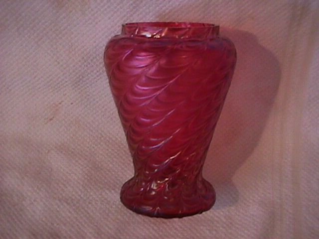 Loetz=Tiffany Type= Cranberry Swirled Drape Art Glass Vase
