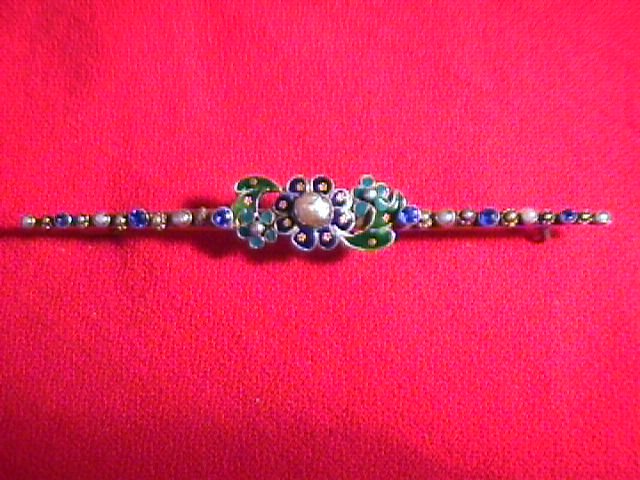 Early Victorian Bar Pin With Enamel, Sapphires & Pearls