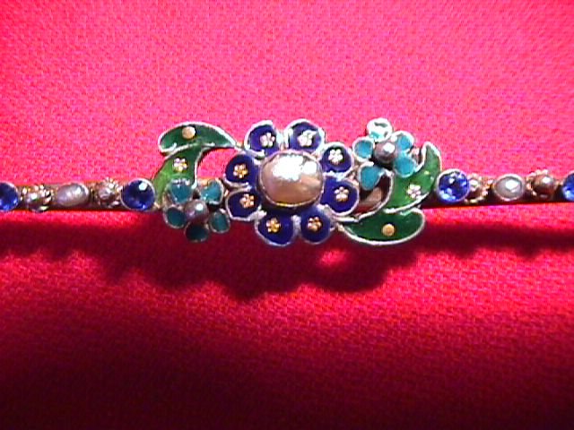 Early Victorian Bar Pin With Enamel, Sapphires & Pearls