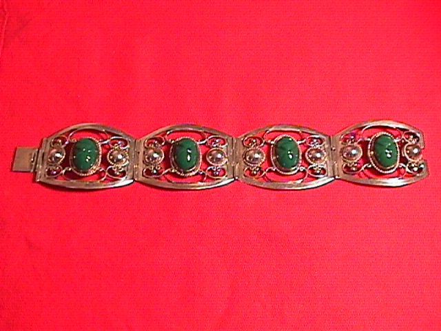 Sterling & Green Onyx Mayan Mask Bracelet
